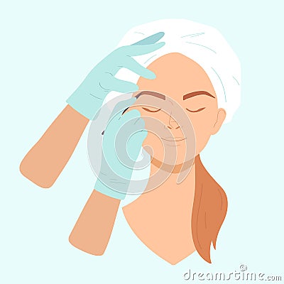The beautician corrects the woman`s eyebrow shape. Cosmetological procedure in a beauty salon. Vector illustration in a flat styl Cartoon Illustration
