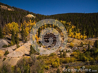 Aerial drone photo - Abandoned mine shack in the Colorado Rocky Mountains Stock Photo