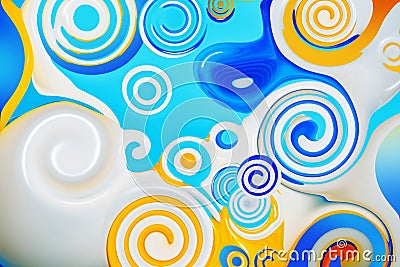 Beautiful abstract background in blue, yellow and white. Spirals and curls. Bright colorful screensaver. Stock Photo