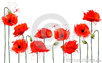 Beautiful abstract background with red poppies flowers Vector Illustration