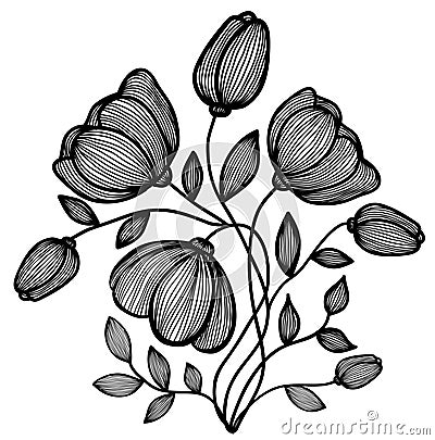 Beautiful abstract black-and-white flower of the lines. Single isolated on white Vector Illustration