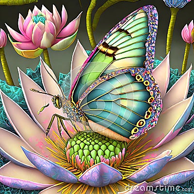 beautiful abstract colorful butterfly on a lotus flower Stock Photo