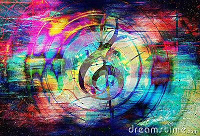 Beautiful abstract colorful collage with music notes and the violin clef in space. Stock Photo