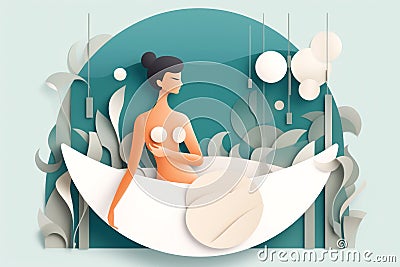 Beautiful abstract composition of a young woman in a spa. Color minimalistic background in beautiful paper cut style design. Stock Photo