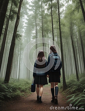 Two girls travelling in the forest Cartoon Illustration