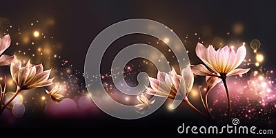 Beautiful abstract gold and pink night photo floral design background banner. Generative AI AIG32 Stock Photo