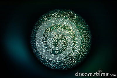 A beautiful, abstract looking sphere with a frosty pattern. Ice frozen on window in a circle design. Stock Photo