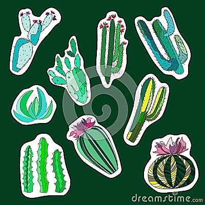 Beautiful abstract lovely mexican tropical floral herbal summer green set of a cactus paint like child stickers on dark green back Vector Illustration