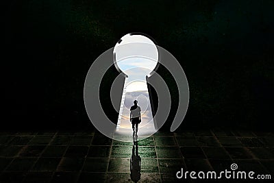 Guy in keyhole light walking to the light outside Cartoon Illustration