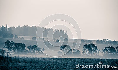 A beautiful, abstract monochrome mountain landscape in blue tonality. Stock Photo