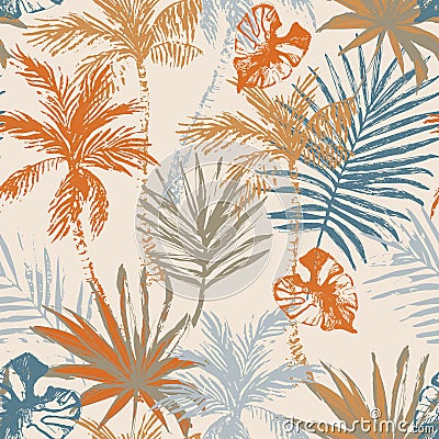 Beautiful abstract tropics seamless pattern. Grunge palm trees, tropical leaves on beige background Vector Illustration