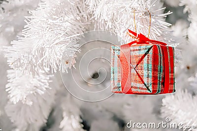 Beautiful Accessory gift box on Chrismas tree for Christmas decoration Stock Photo