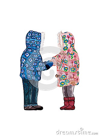 Beautiful acrylic illustration of two kids with pink and blue jackets for amazing design on white isolated background Cartoon Illustration