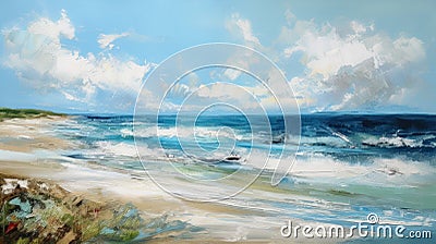 A beautiful acrylic painting of an ocean beach scene, with the emerald coast city in the background. The wind is blowing and the Stock Photo