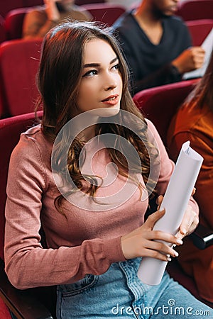 Actress reading scripts in theatre with Stock Photo