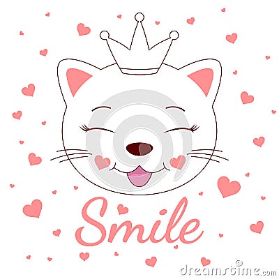 Beautiful adorable cat princess on a white background. Vector Illustration