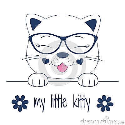 Beautiful adorable face cat in glasses. Cute my little kitty. Vector Illustration