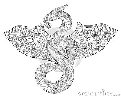 Adult coloring book art with snake and wings Vector Illustration