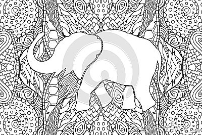 Adult coloring book page with elephants silhouette Vector Illustration