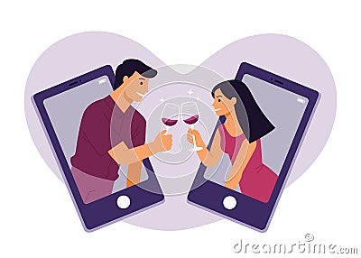 Beautiful adult couples clinking online with glasses of red wine making a quarantine happy hour. Vector Illustration