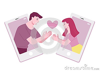 Beautiful adult couples hold heart and spending Valentineâ€™s Day together over video calls. Vector Illustration