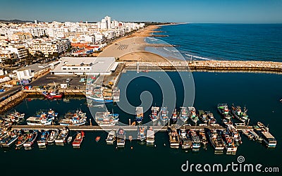 Beautiful aerial cityscapes of the tourist Portuguese city of Quarteira Editorial Stock Photo