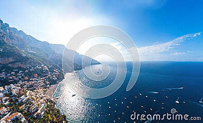 Beautiful aerial panorama view of Amalfi coast. Rocky shores and incredible beaches, Luxury yachts, boats and apartments Stock Photo