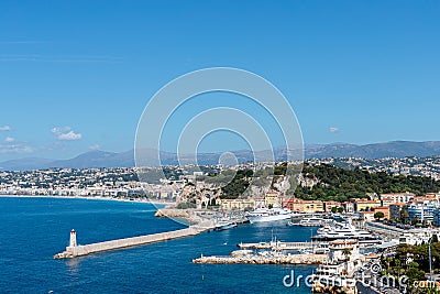 Beautiful aerial shot of the port of Nice surrounded by a mountainous scenery in France Editorial Stock Photo