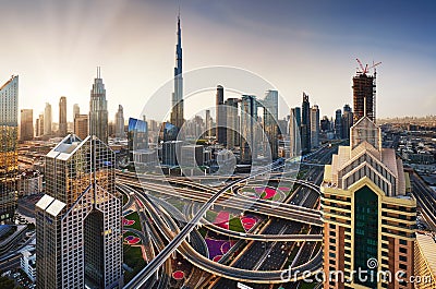 Beautiful aerial sunrise in Dubai centre with panoramic skyline view, UAE Editorial Stock Photo