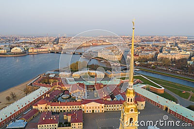 Beautiful aerial view on the center of winter Saint Petersburg city through the Angel of Peter and Paul Cathedral Editorial Stock Photo