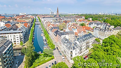 Beautiful aerial view of Copenhagen skyline from above, Nyhavn historical pier port and canal with color buildings and boats Stock Photo