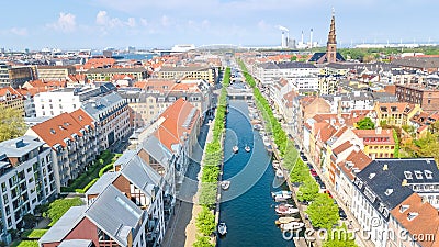 Beautiful aerial view of Copenhagen skyline from above, Nyhavn historical pier port and canal, Copenhagen, Denmark Stock Photo