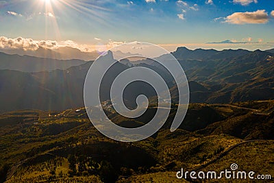 Beautiful aerial view of the Gran Canaria mountains in the island with Teide volcano view Stock Photo