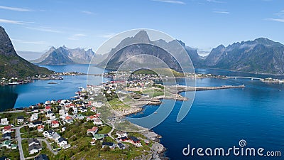 Beautiful aerial view of Reine, Lofoten, Norway, sunny arctic summer Stock Photo