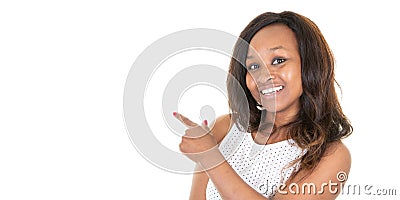 Beautiful african american business woman pointing at something blank empty copy space in template banner web Stock Photo