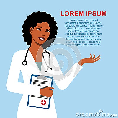 Beautiful african american ethnic woman doctor isolated on blue background. woman doctor with stethoscope Vector Illustration