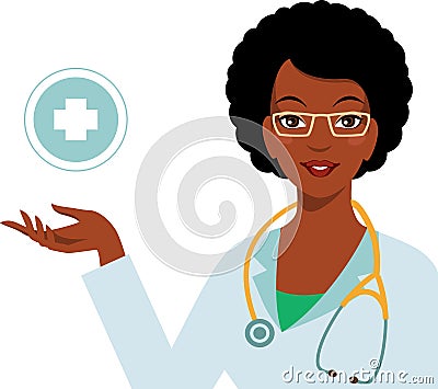 Beautiful african american ethnic woman doctor isolated on white background Vector Illustration