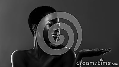 Beautiful african american woman looking at her empty palm, bw shot Stock Photo