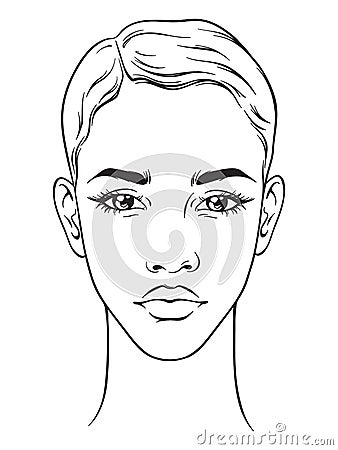 Beautiful african american woman with short haircut portrait isolated on white background. Face chart Makeup Artist Blank Template Vector Illustration