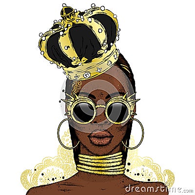 Beautiful African girl in the crown. Black woman. Vector illustration, fashion and style. Vector Illustration