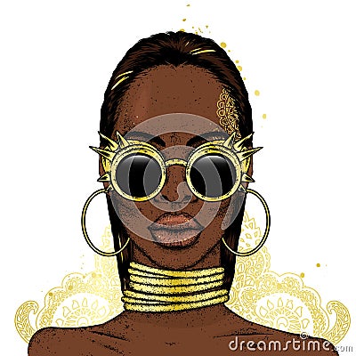 Beautiful African girl in glasses. Black woman. Vector illustration, fashion and style. Vector Illustration