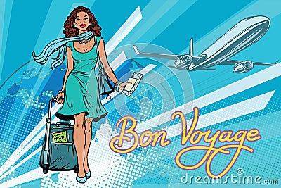 Beautiful African girl with a ticket for the flight Vector Illustration