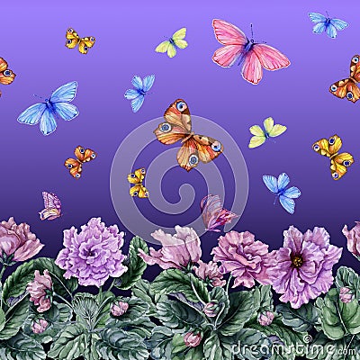 Beautiful African violet flowers and flying butterflies on purple background. Seamless floral pattern. Watercolor painting. Cartoon Illustration