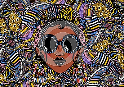 Beautiful African woman in cool urban style with ethnic elegant geometric glasses, earrings on a rythmic background. Vector Illustration