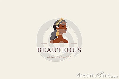 Beautiful African woman elegant jewelry portrait boho logo design template vector flat Vector Illustration