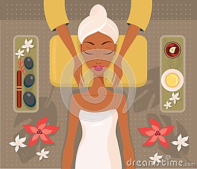 Beautiful African woman relaxing spa salon Face Body massage concept Cartoon Illustration