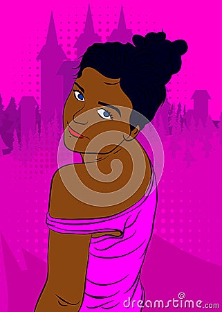 Beautiful Afro-American fairytale Elf princess in purple. Vector Illustration