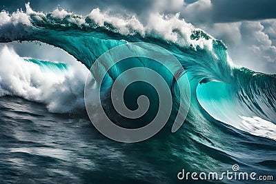 On a beautiful afternoon, a close-up of a powerful teal blue wave breaking in open water can be seen Stock Photo