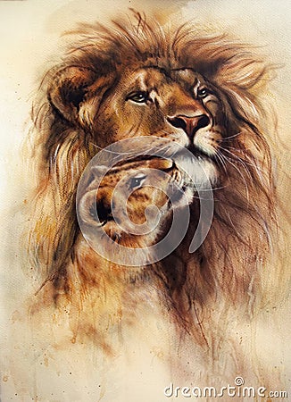 Beautiful airbrush painting of a loving lion and her baby cub Stock Photo