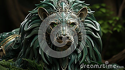 A beautiful airbrush painting of a roaring lion on a abstract cosmical background. Generative AI Stock Photo